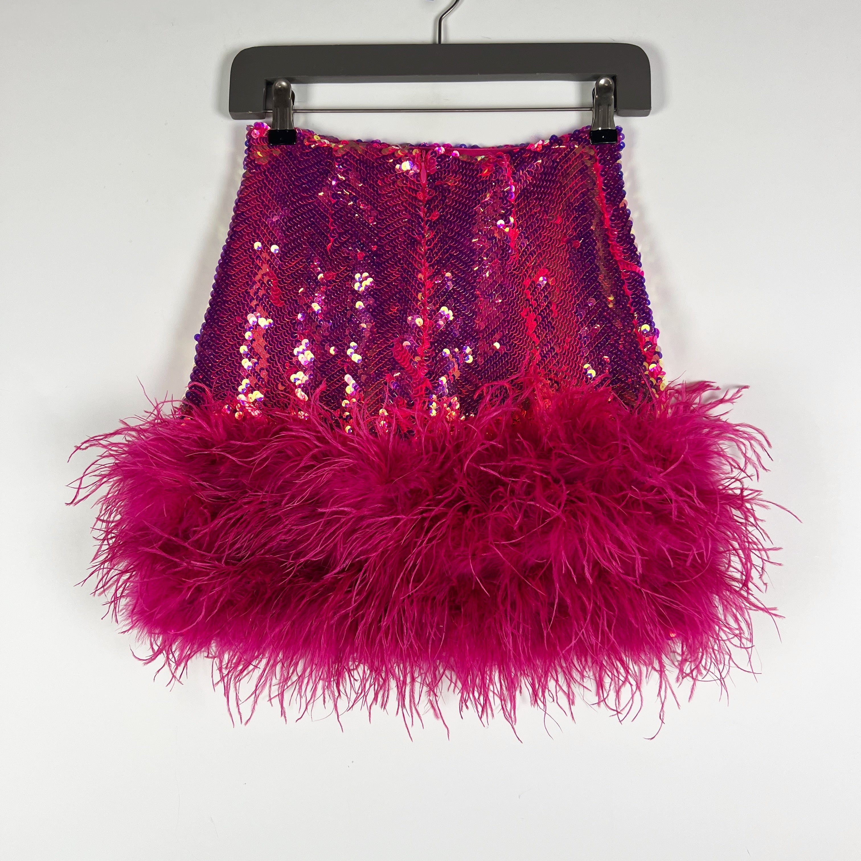 Nadine Merabi Roxy Hot Pink Sequin Sparkle Embellished Feather Trim Mini Skirt