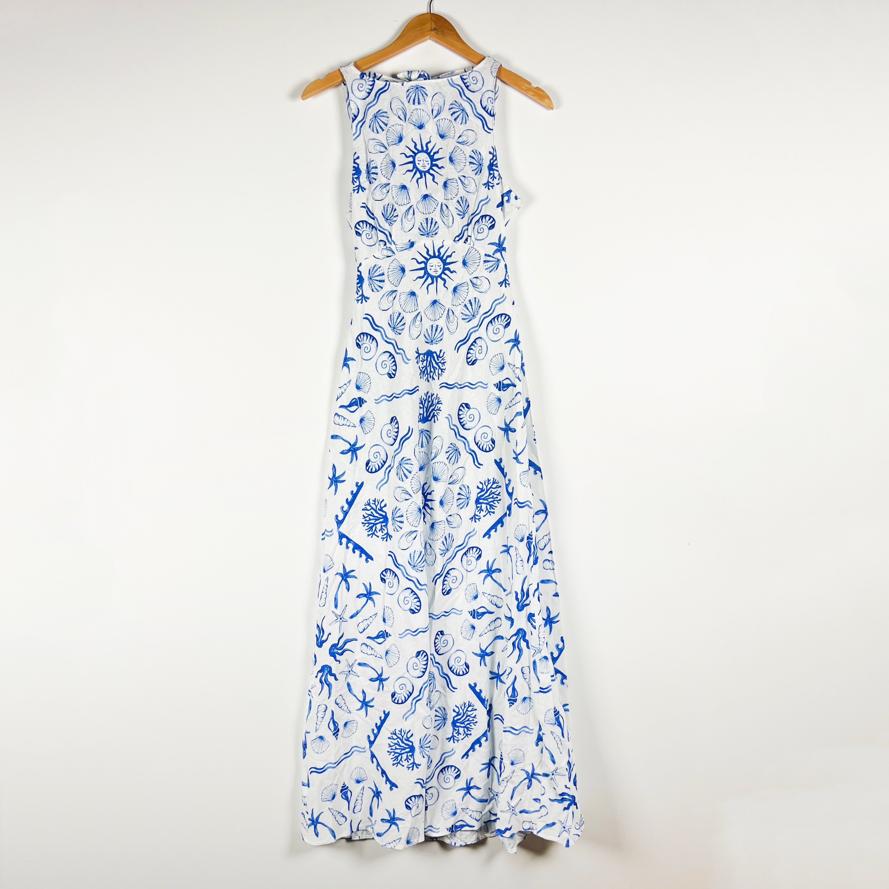NEW Saylor Verica Cotton Linen High Neck Sleeveless Midi Dress Deep Blue Sea XS