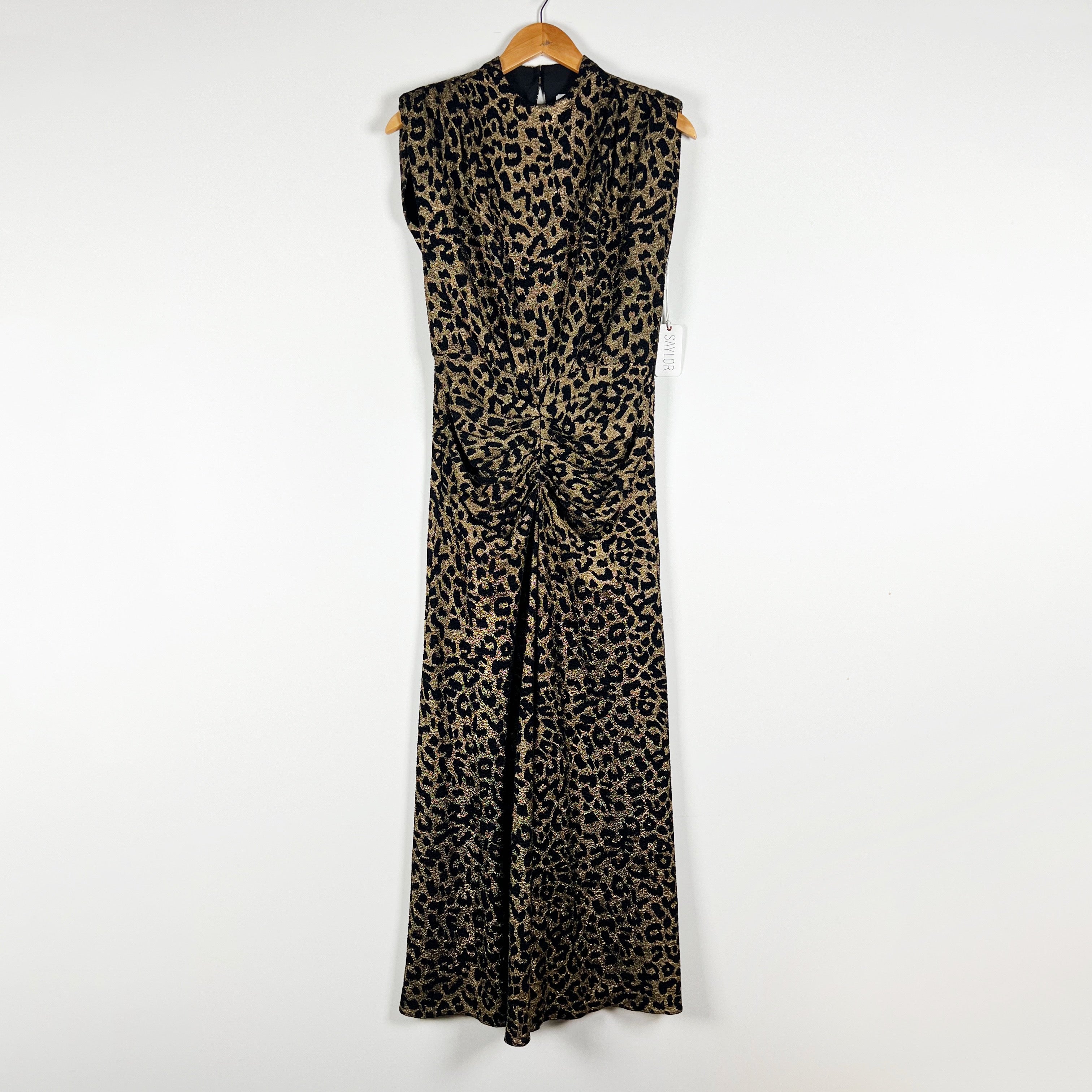NEW Saylor Al Leopard Cheetah Print Metallic Jersey Knit Midi Dress Black Gold