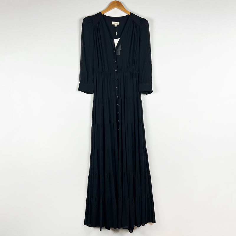 NEW L'Agence Seraphina Tiered Chiffon V Neck Long Sleeve Maxi Dress Black XS