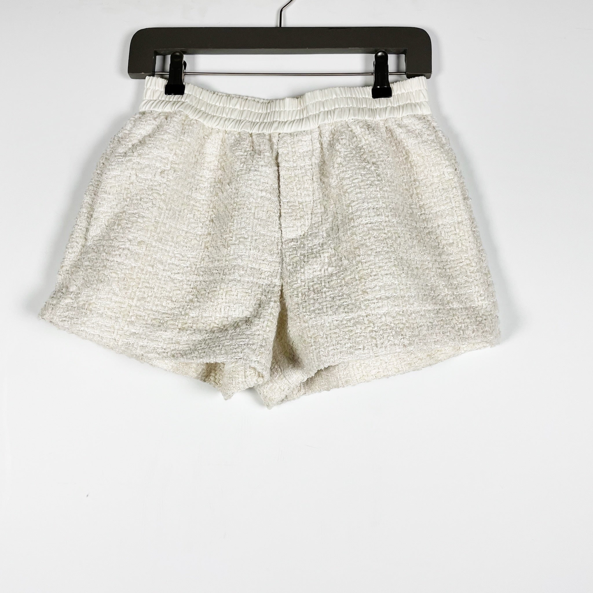 NEW Eaves Shani Cotton Wool Blend Tweed Boucle Textured Woven Mini Shorts Ivory
