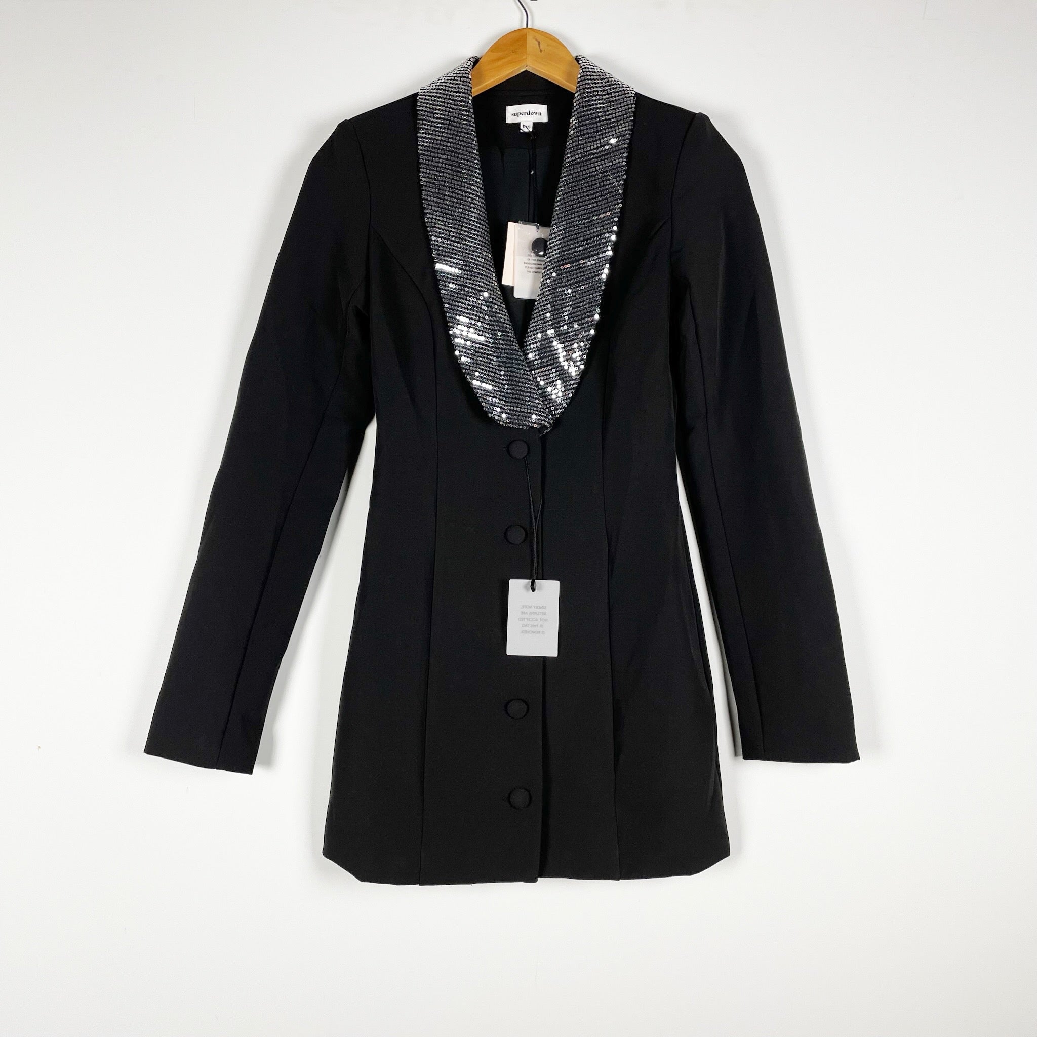 NEW Superdown Ariane Sequin Embellished Lapel Mini Blazer Jacket Dress Black XXS