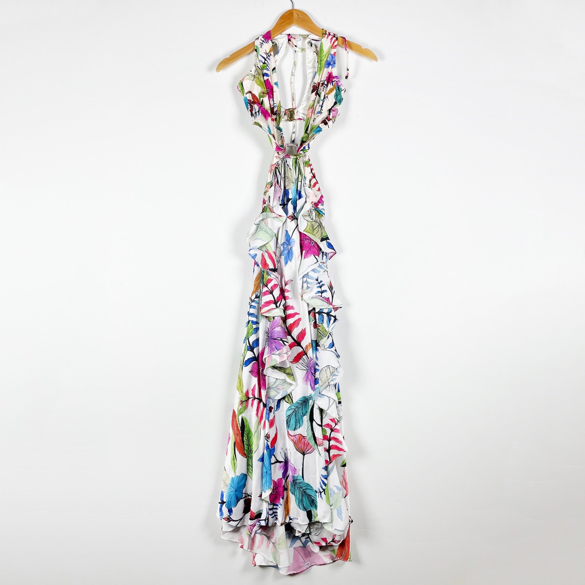 PatBo Zamia Belted Cut Out Floral Flower Print Pattern Ruffle Long Maxi Dress XS