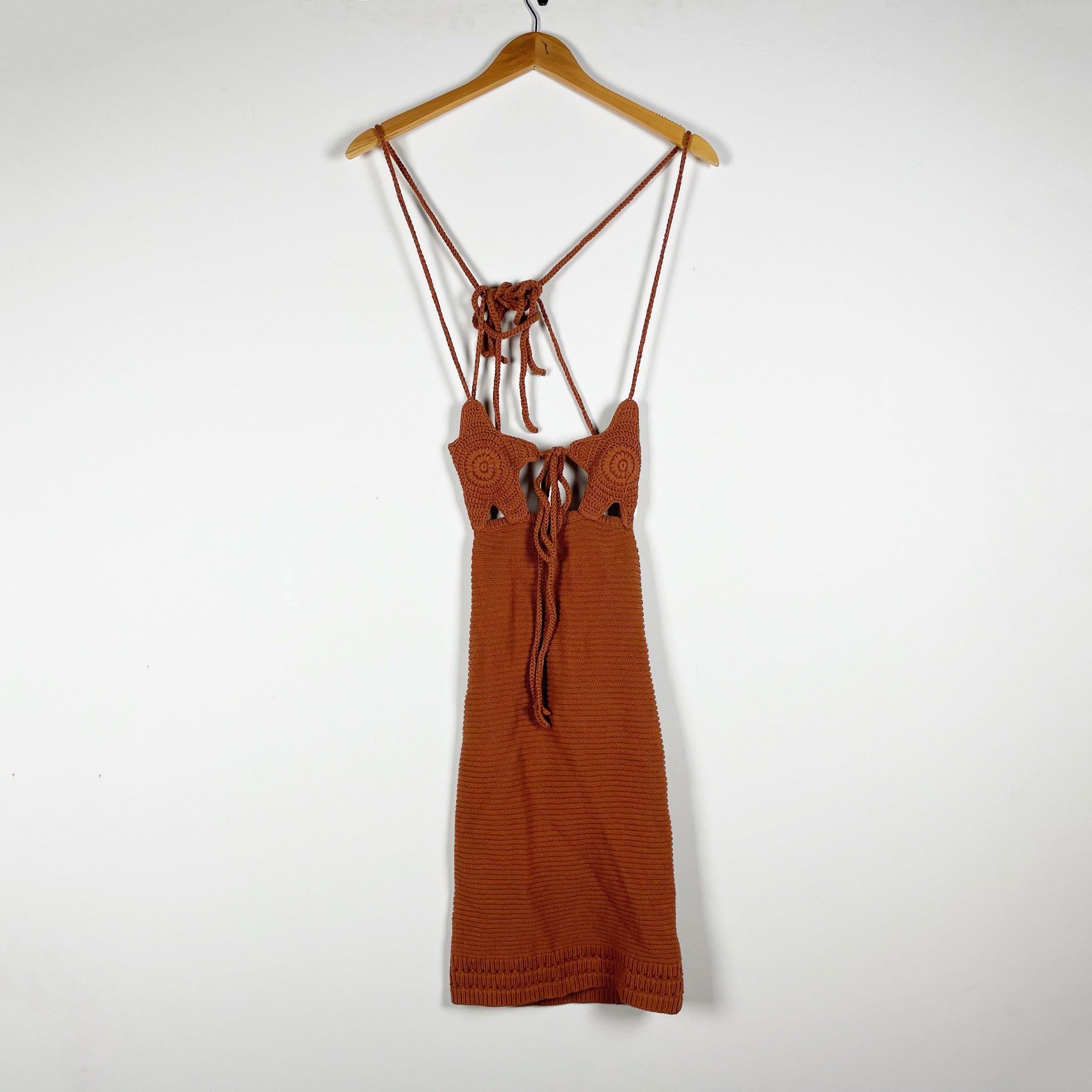 NEW Lovers And Friends Delphi Cotton Starfish Crochet Knit Mini Dress Rust Brown