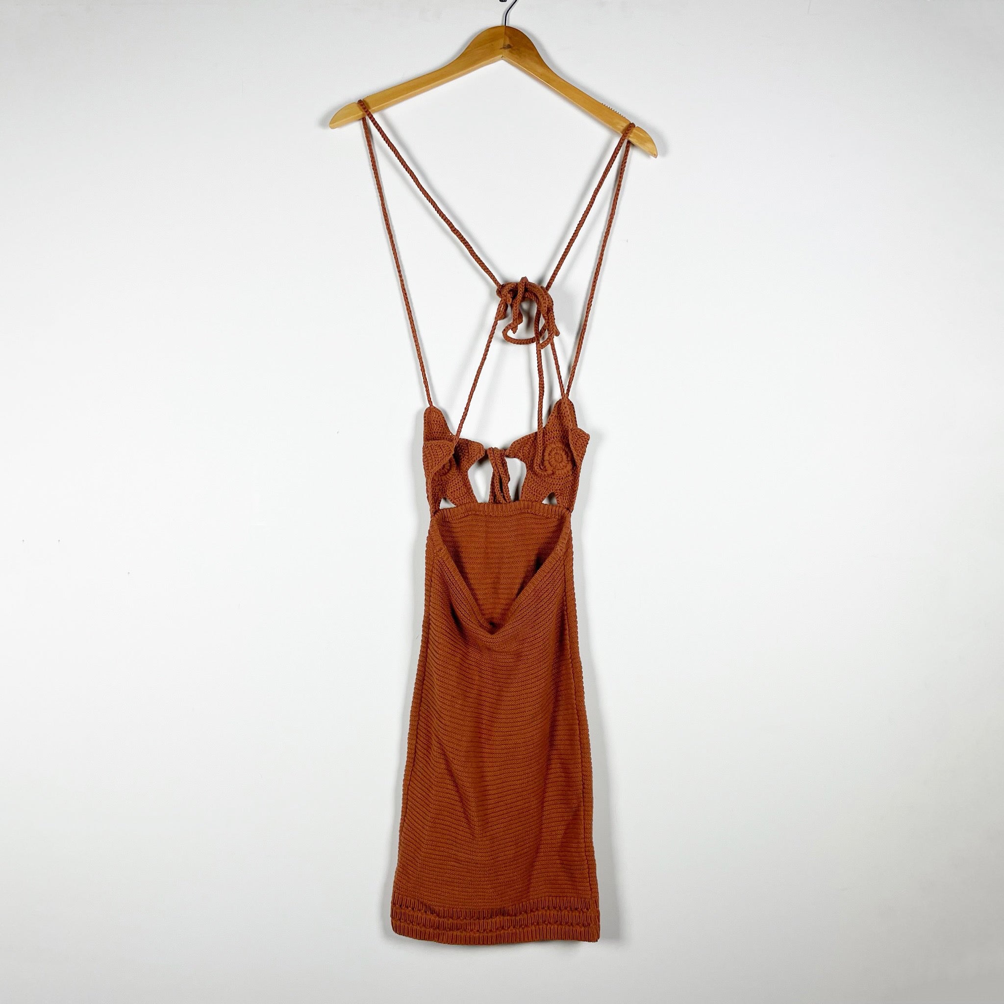 NEW Lovers And Friends Delphi Cotton Starfish Crochet Knit Mini Dress Rust Brown