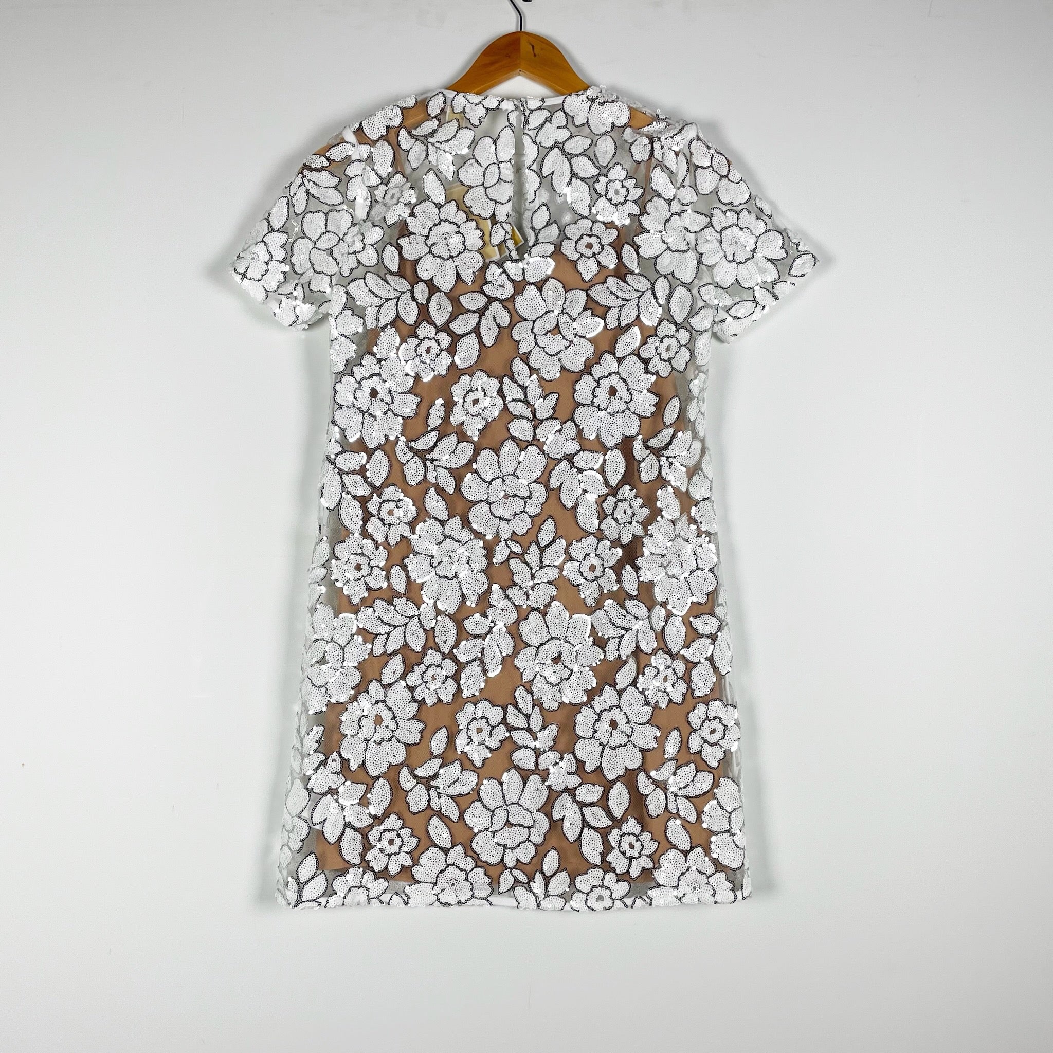 NEW Michael Kors White Sequined Embellished Floral Mesh Mini T-Shirt Dress XXS