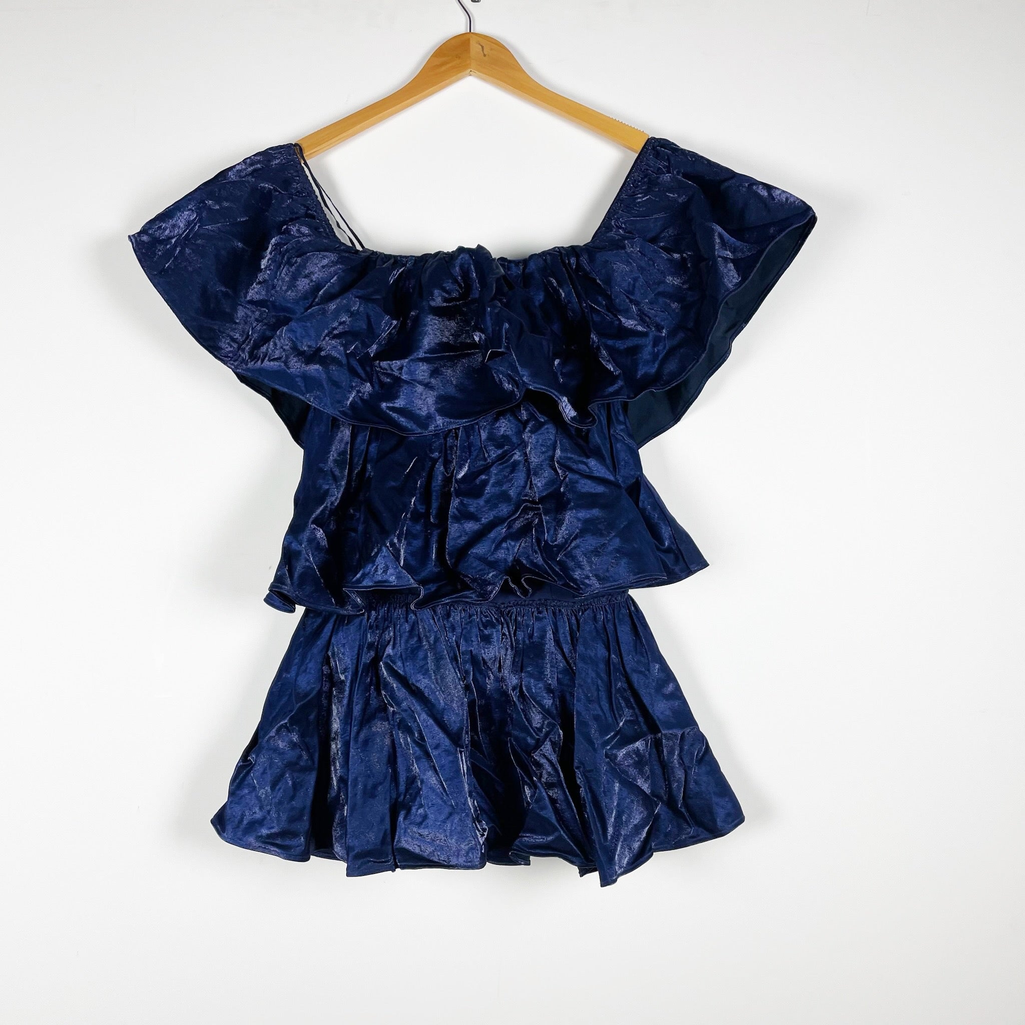 NEW Camila Coelho Diaz Off The Shoulder Ruffle Layered Mini Dress Sapphire Blue