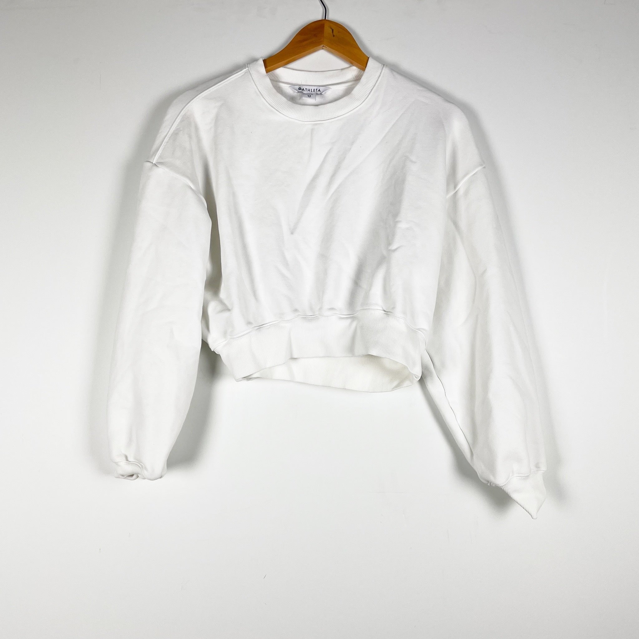 Athleta Women's Cotton Stretch Terry Crop Crew Pullover Sweatshirt Sweater White