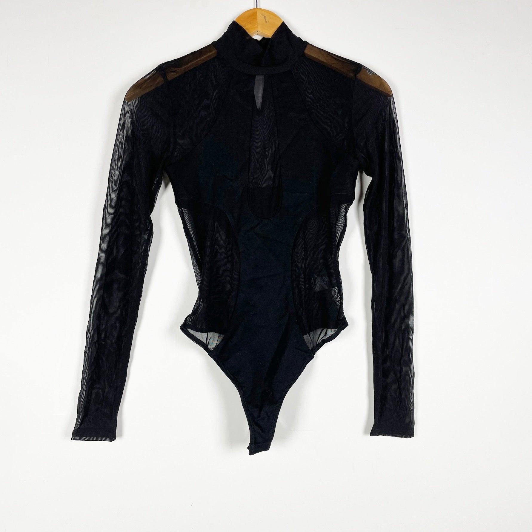 H:Ours Elisha Sheer Mesh Turtleneck Long Sleeve One Piece Bodysuit Black XS