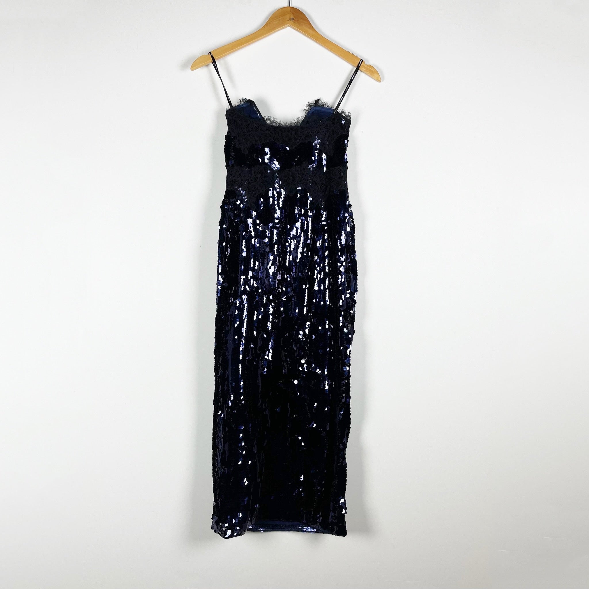 Retrofete Ellen Sequin Sparkle Embellished Lace Trim Midi Slip Dress Navy Blue