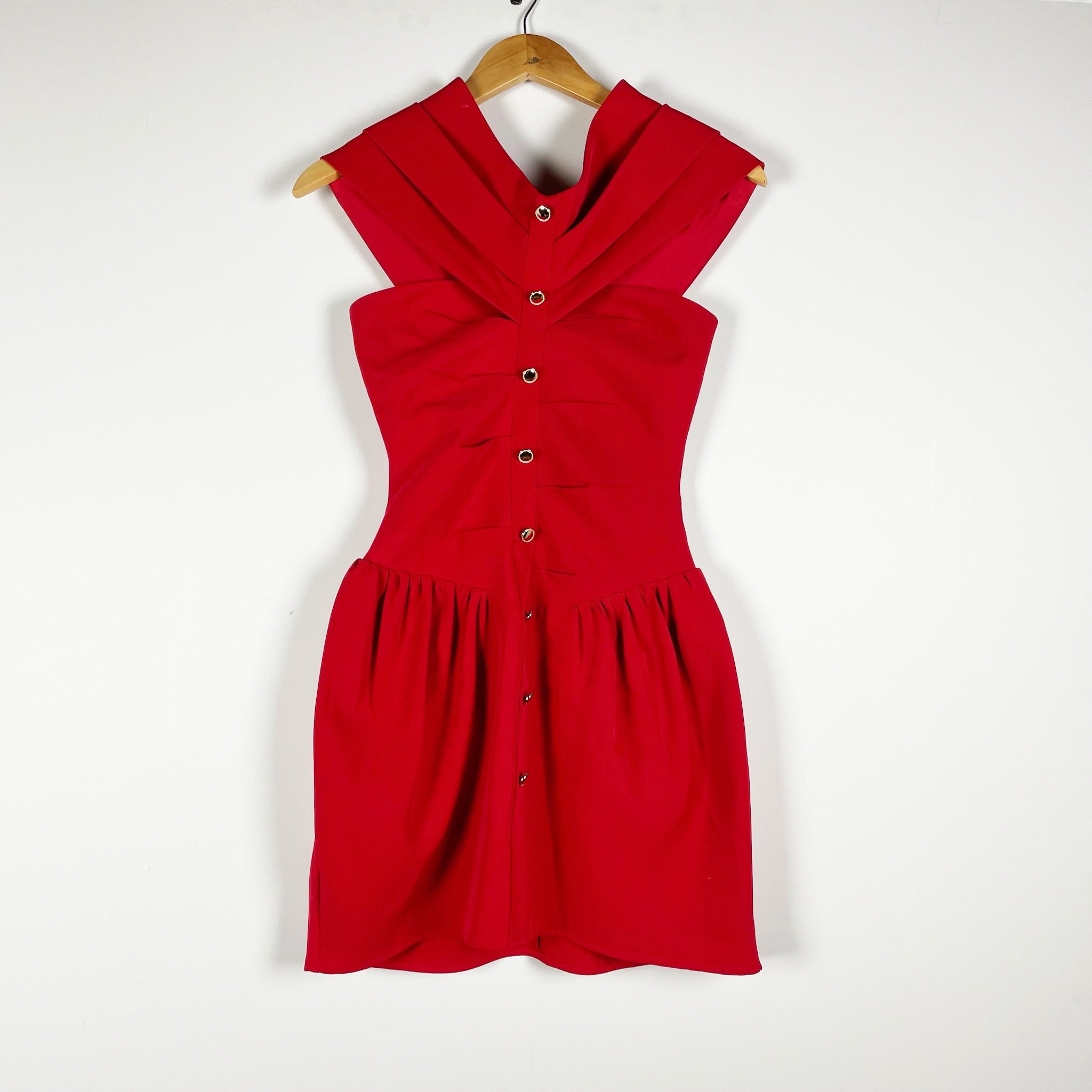NEW Miss Circle Cait Red Off Shoulder Drop Waist Button Front Mini Dress XXS