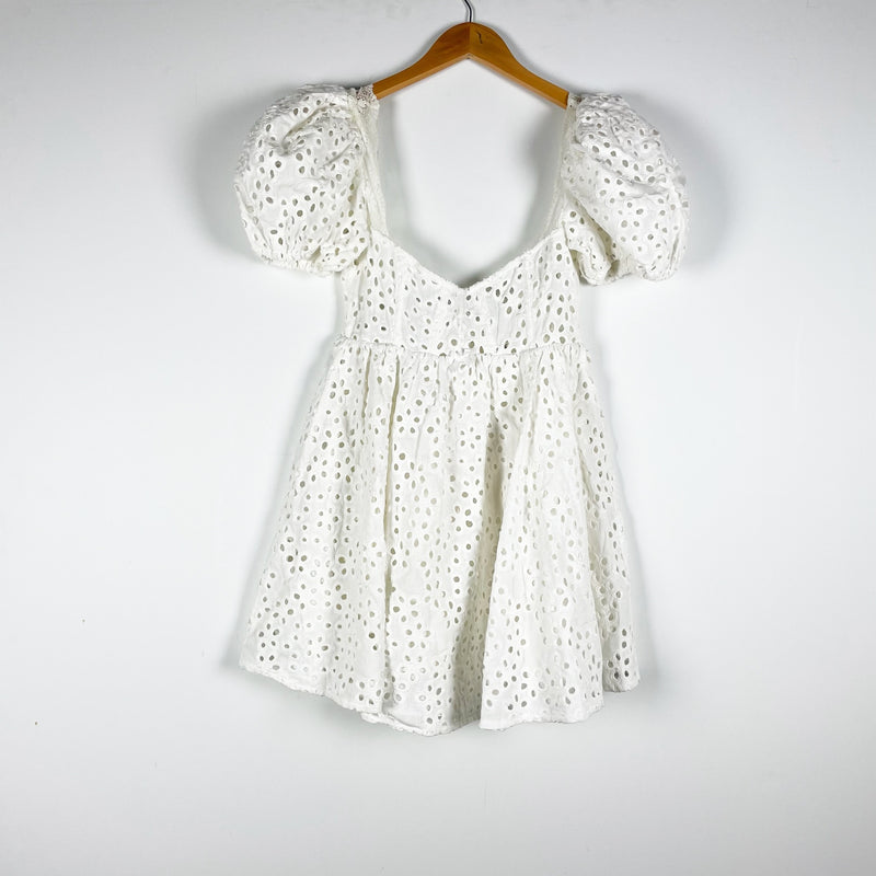 NEW For Love & Lemons Becca Linen Blend Puff Short Sleeve Eyelet Mini Dress XS