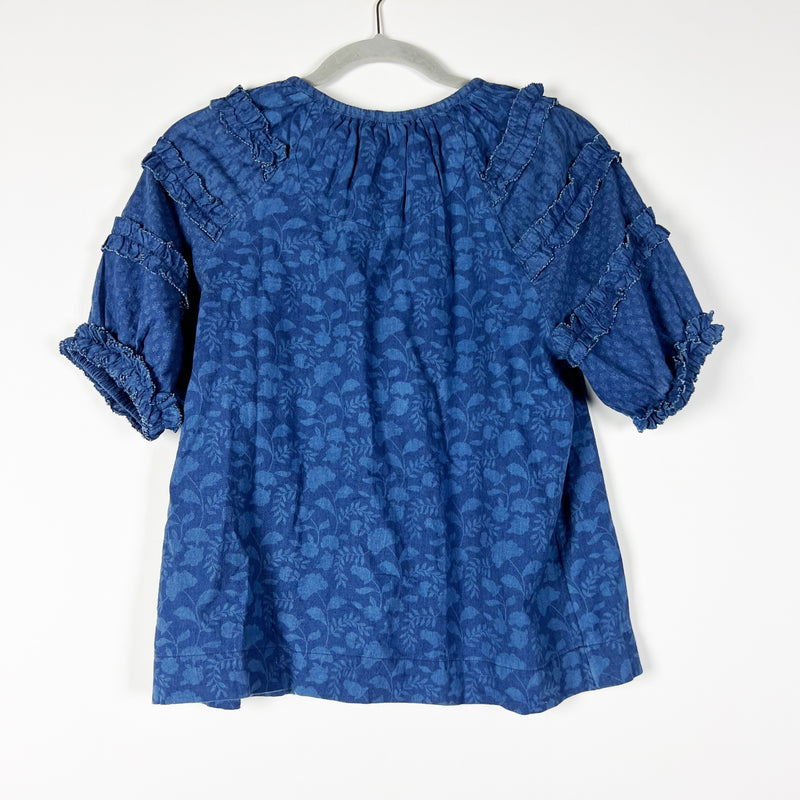 Faherty Bodhi Floral Raglan Sleeve Ruffle V Neck Organic Cotton Blouse Top Blue