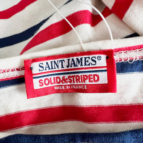 Saint James Solid &amp; Striped Cotton Tri Color Print Long Sleeve Crew Neck Shirt