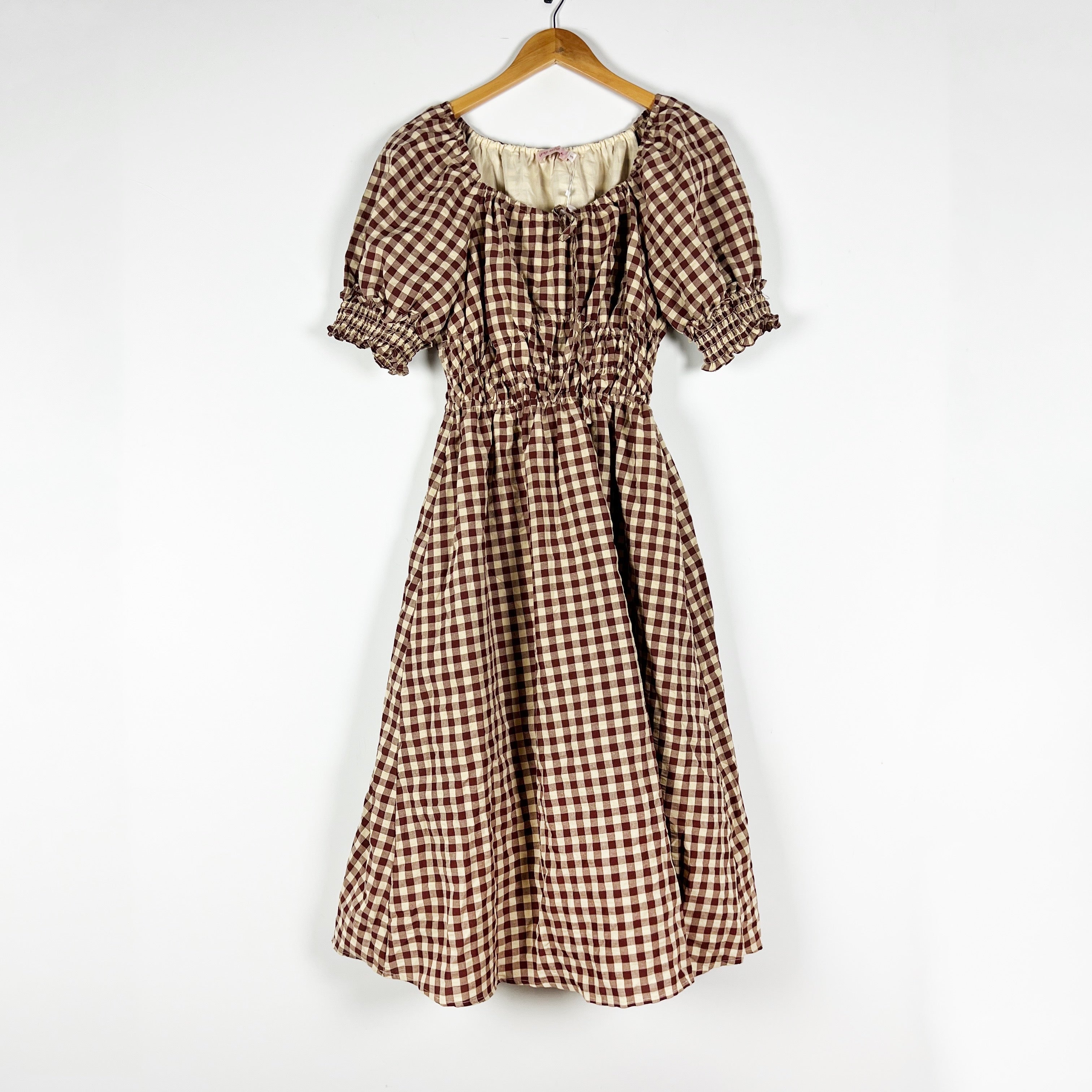 NEW Ivy City Co Kaitlyn Cotton Blend Brown Gingham Check Print Midi Dress S