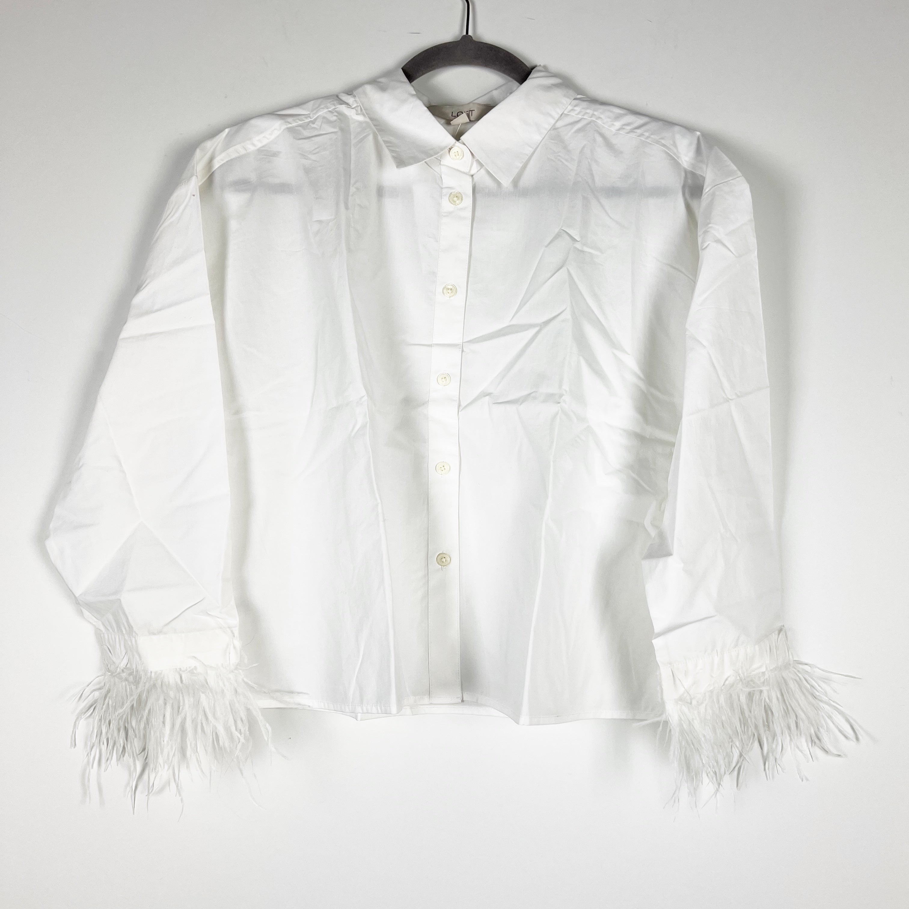 NEW Ann Taylor Loft Cotton Poplin Collared Button Front Feather Trim Blouse S