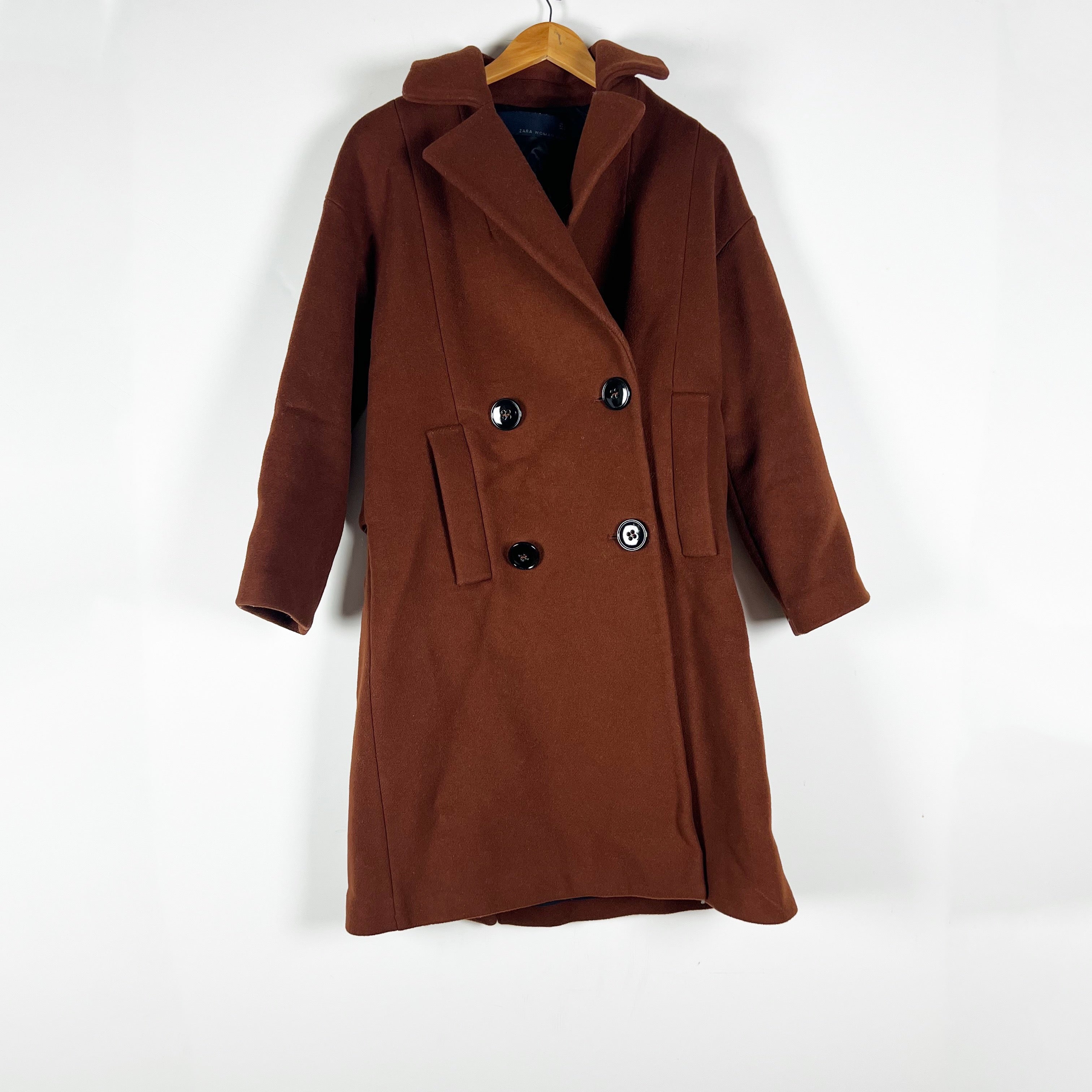 Zara Woman Studio Wool Blend Felt Double Breasted Pea Coat Jacket Brown Tan S