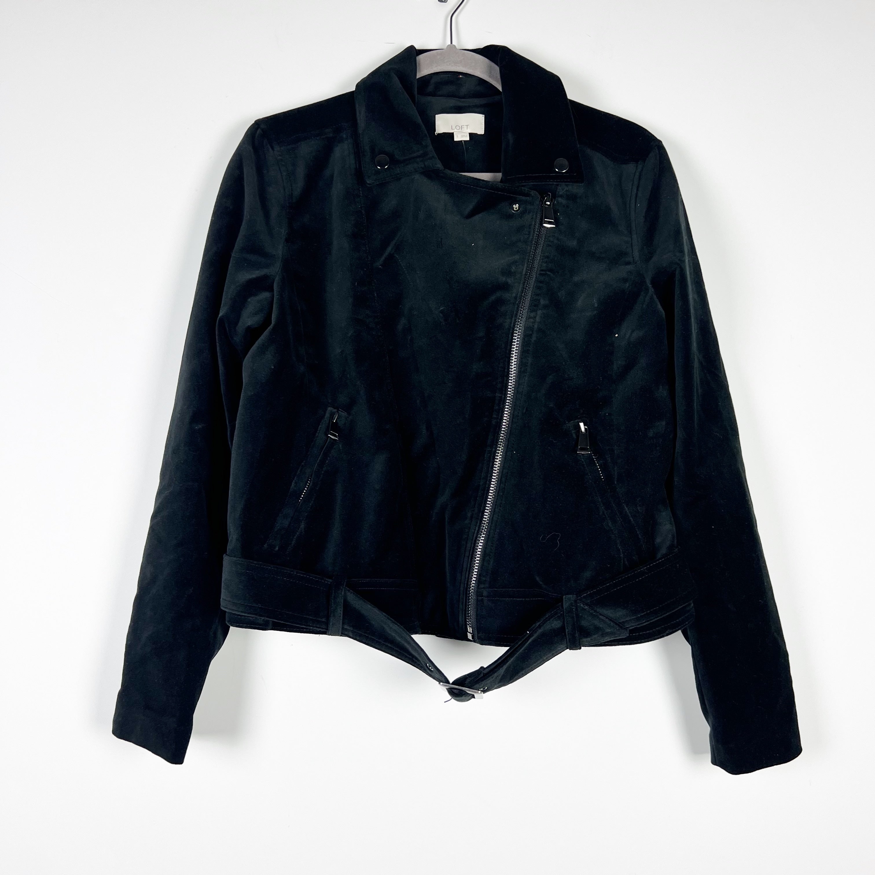 NEW Ann Taylor LOFT Velvet Velour Assymetrical Zip Spread Collar Moto Jacket S