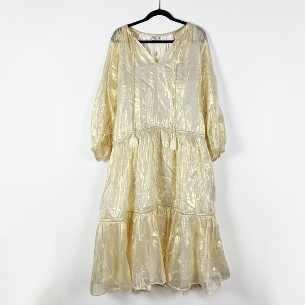 NEW Mille Natalia Gold Lame Metallic Shine Tiered Silk Pullover Midi Dress Small