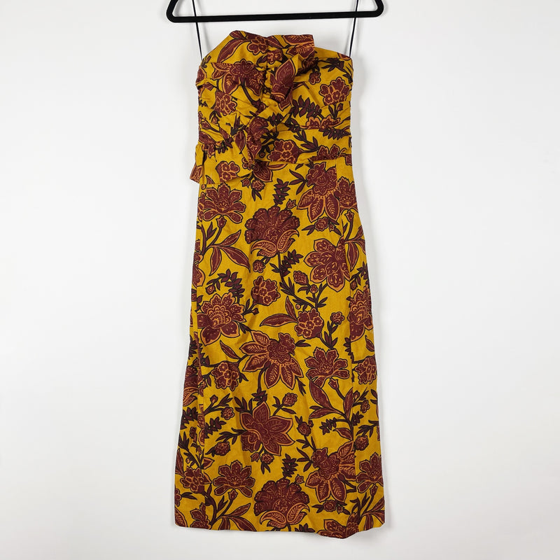 NEW Sezane Pauline Cotton Robe Flowers On Ochre Background Strapless Midi Dress