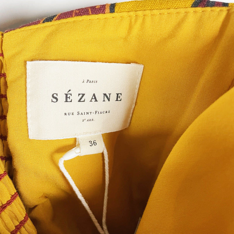 NEW Sezane Pauline Cotton Robe Flowers On Ochre Background Strapless Midi Dress