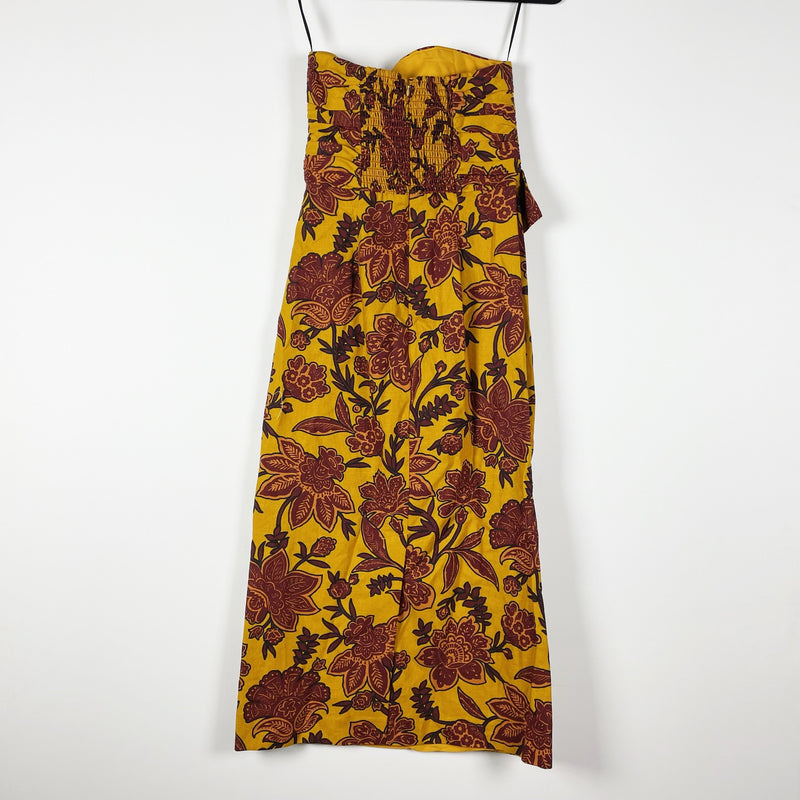 NEW Sezane Pauline Cotton Robe Flowers On Ochre Background Strapless Midi Dress