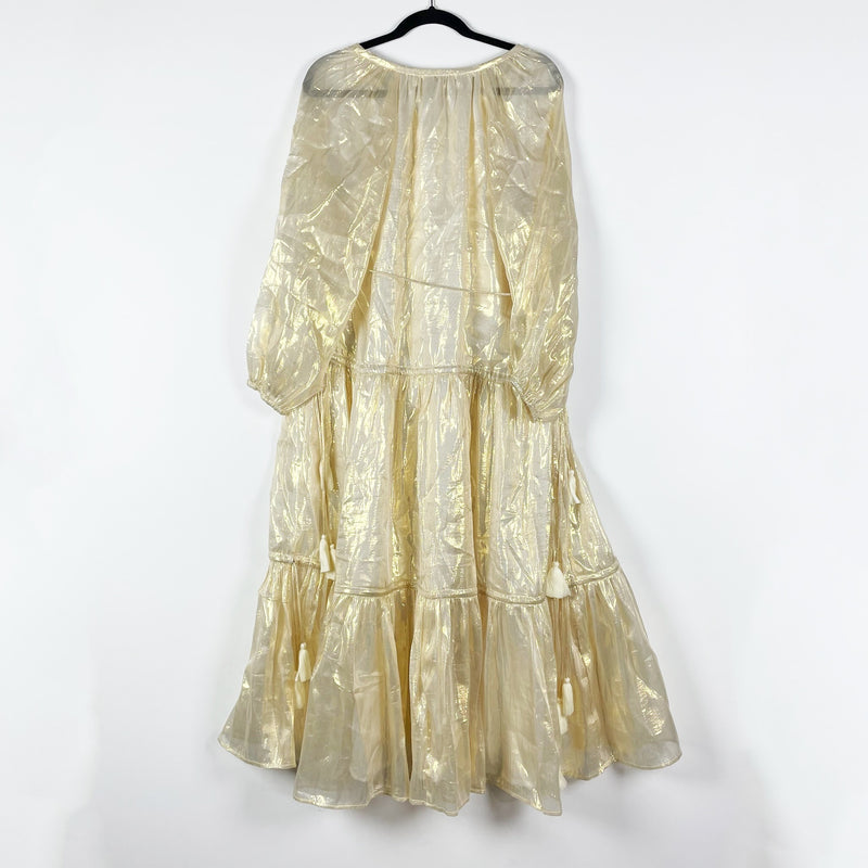 NEW Mille Natalia Gold Lame Metallic Shine Tiered Silk Pullover Midi Dress Small