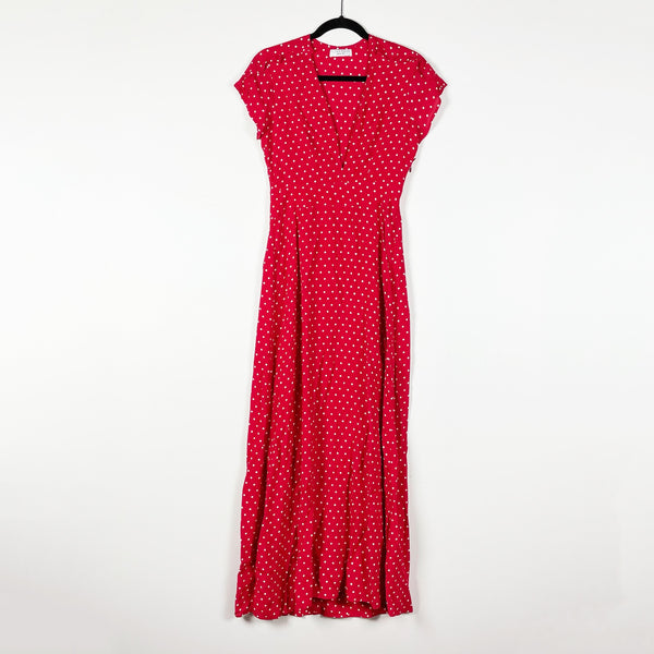 Flynn Skye Valentina Red White Polka Dot Print Pattern Crepe Maxi Dress Small