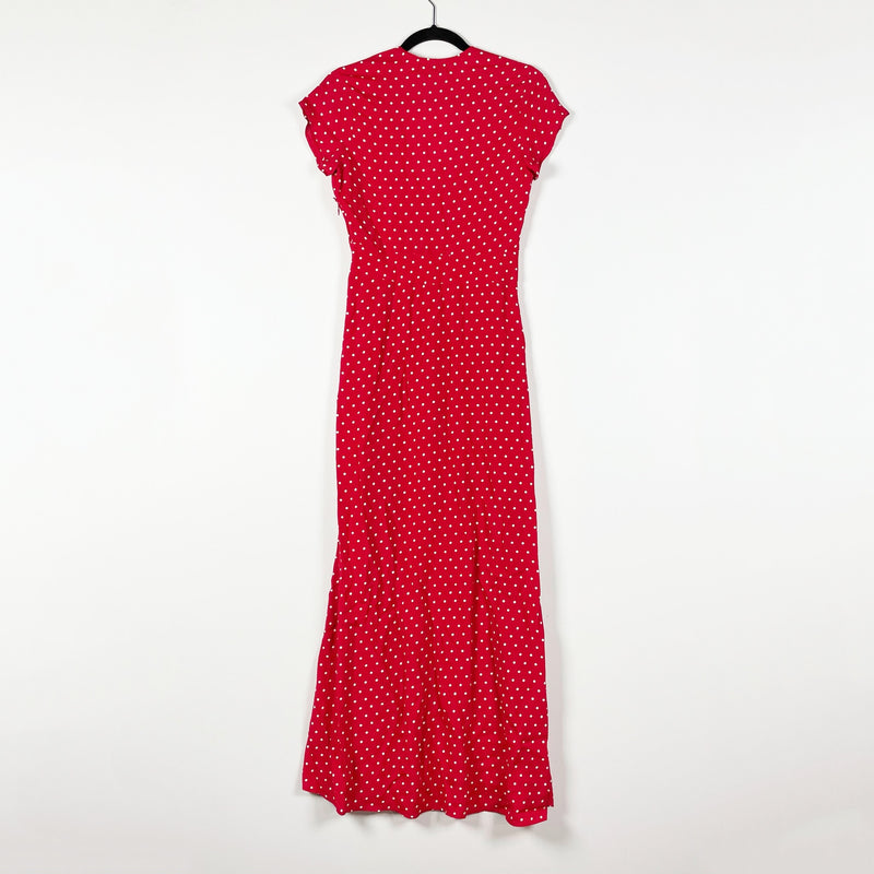 Flynn Skye Valentina Red White Polka Dot Print Pattern Crepe Maxi Dress Small