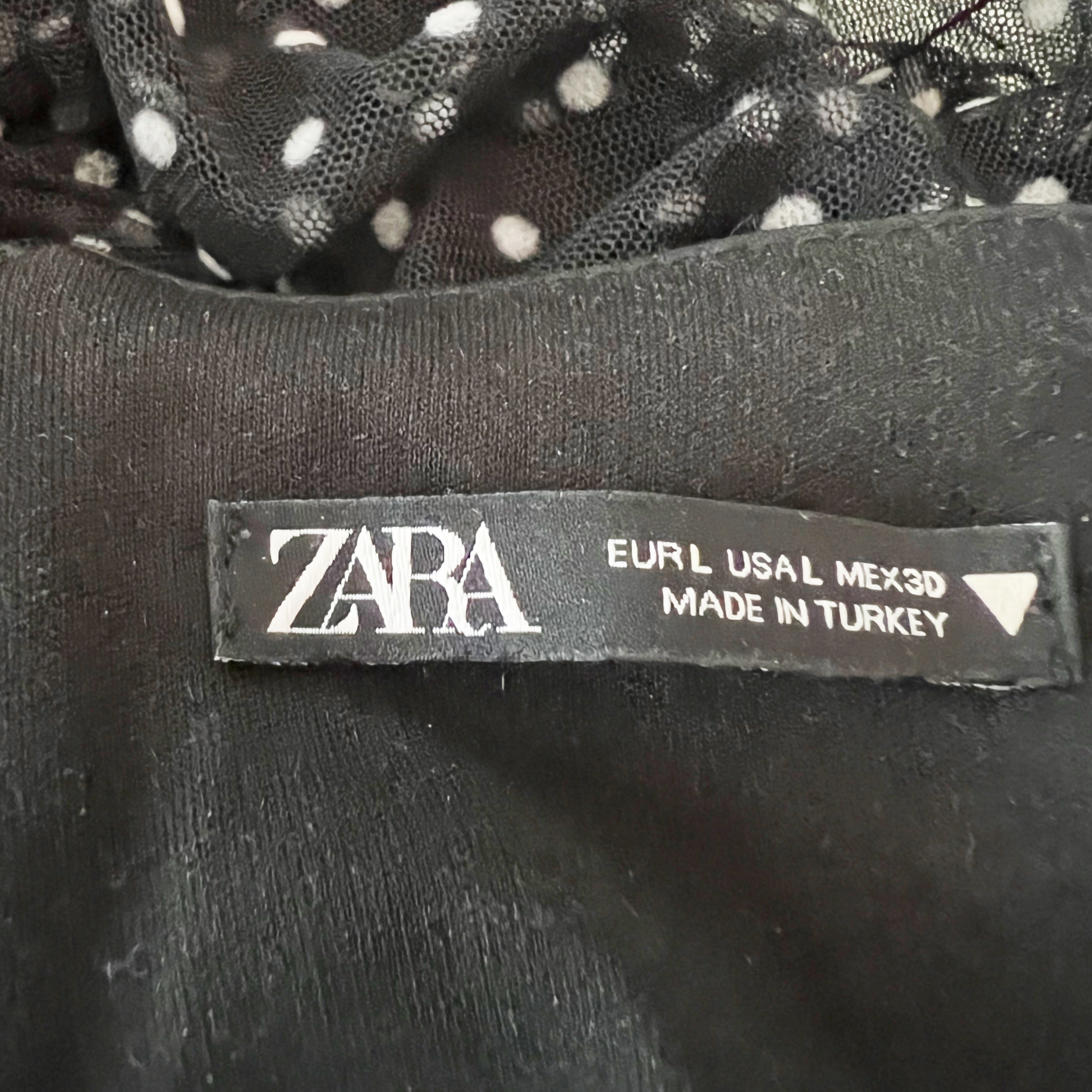 Zara Tulle Mesh Chiffon Black White Polka Dot Print Ruched Mini Party Dress L