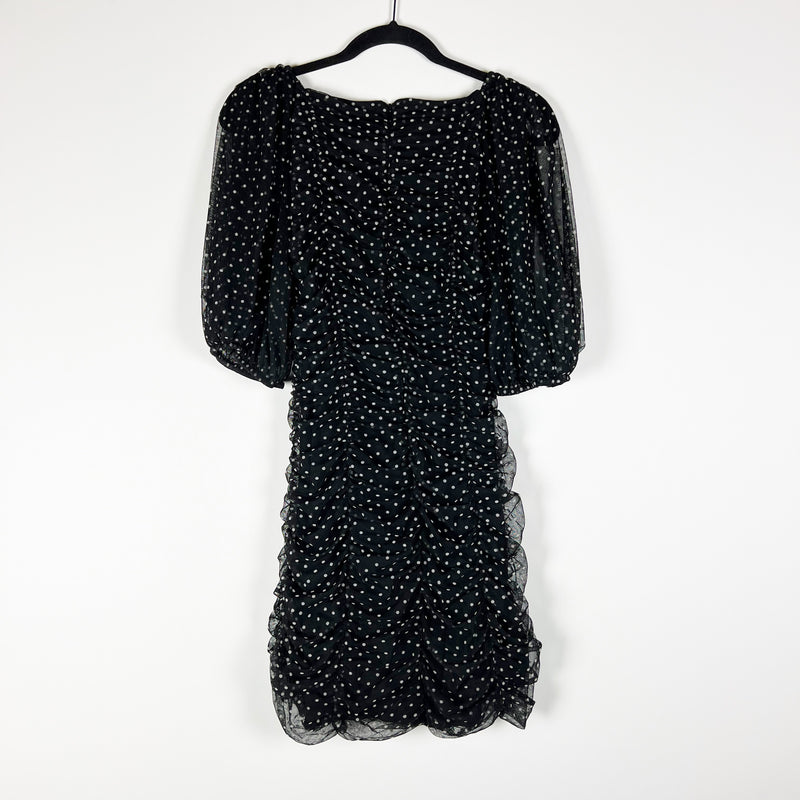 Zara Tulle Mesh Chiffon Black White Polka Dot Print Ruched Mini Party Dress L