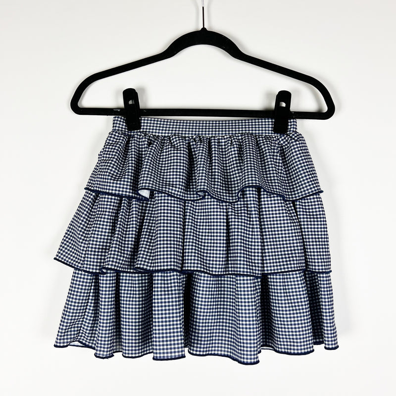 NEW Zara Blue White Micro Gingham Check Print Pattern Ruffle Tiered Mini Skirt S