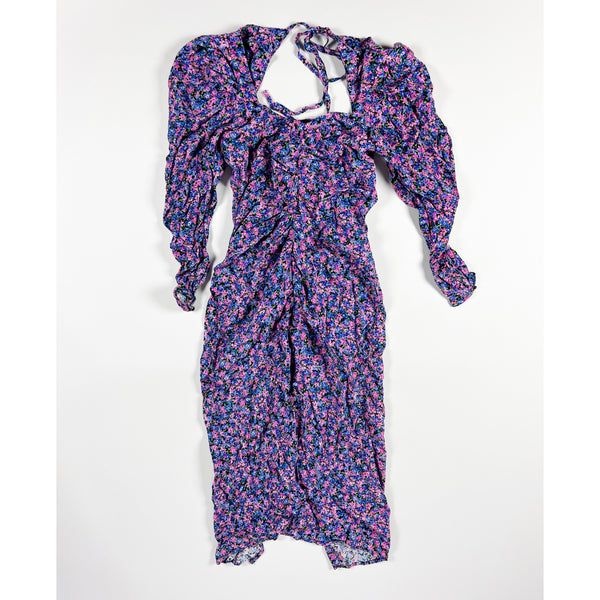 NEW Zara Ruched Micro Floral Flower Print Pattern Puff Sleeve Midi Dress XS