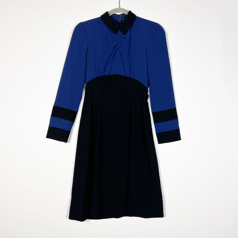 Marc By Marc Jacobs Ruched Collared Long Sleeve Pullover Midi Dress Blue Black 0