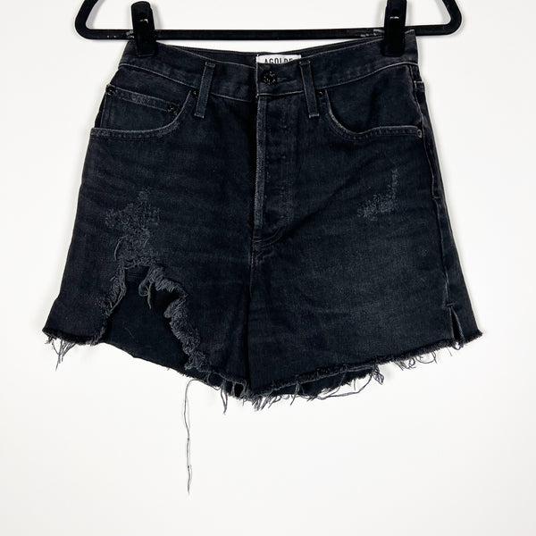 Agolde Dee Cotton Denim High Rise Extremely Distressed Mini Jean Shorts Seeker