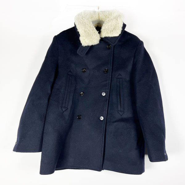 NEW Frankie Shop Kimmo Faux Vegan Fur Collar Double Breasted Peacoat Jacket Blue