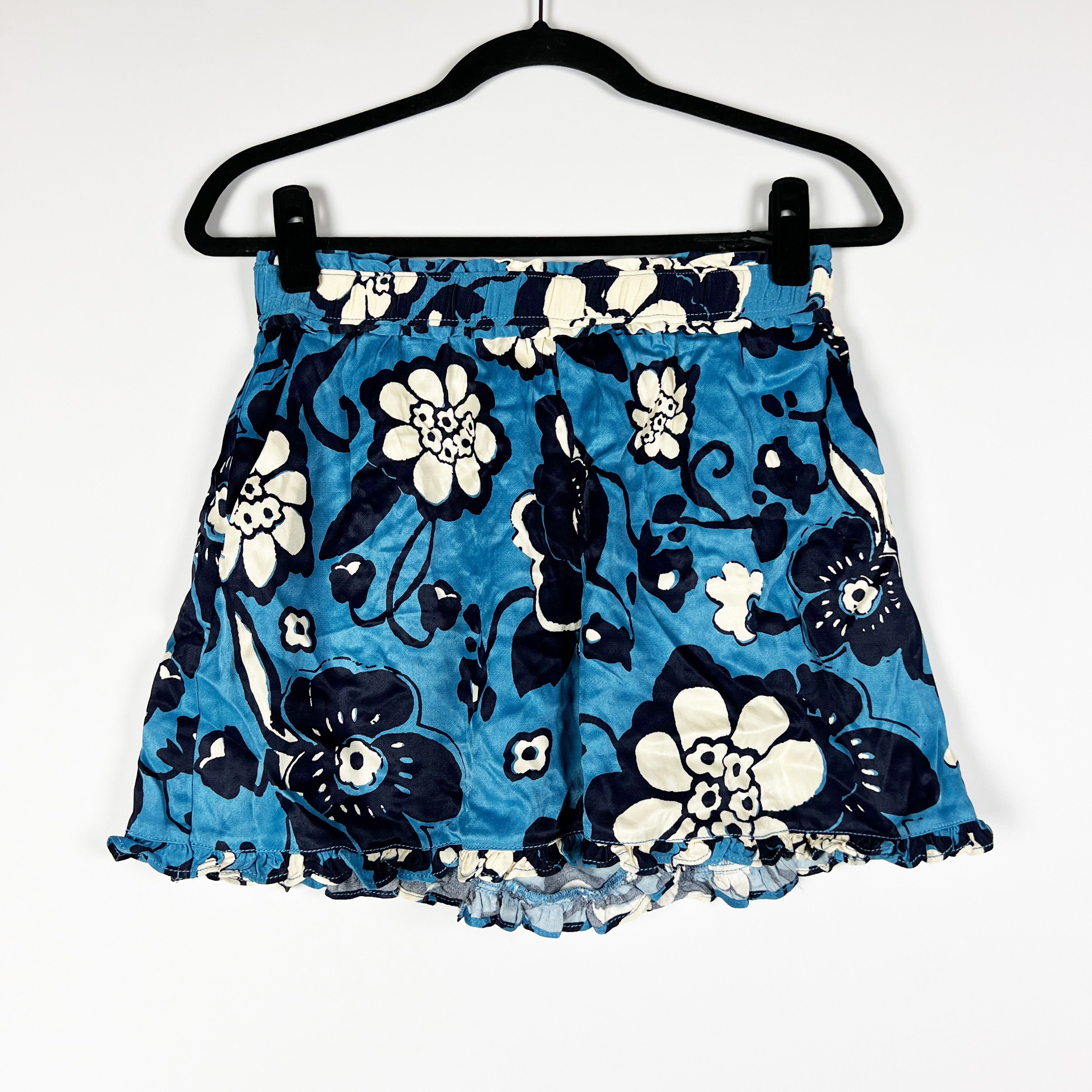 NEW Maeve Anthropologie Blue White Floral Flower Print Pattern Mini Ruffle Short