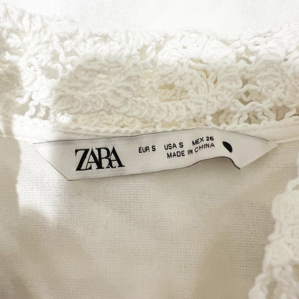 Zara Cotton Blend Crochet Knit Lace Trim Collared Button Down Cropped Blouse Top