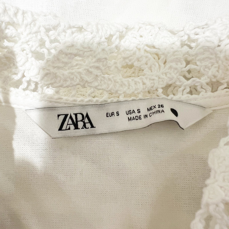 Zara Cotton Blend Crochet Knit Lace Trim Collared Button Down Cropped Blouse Top