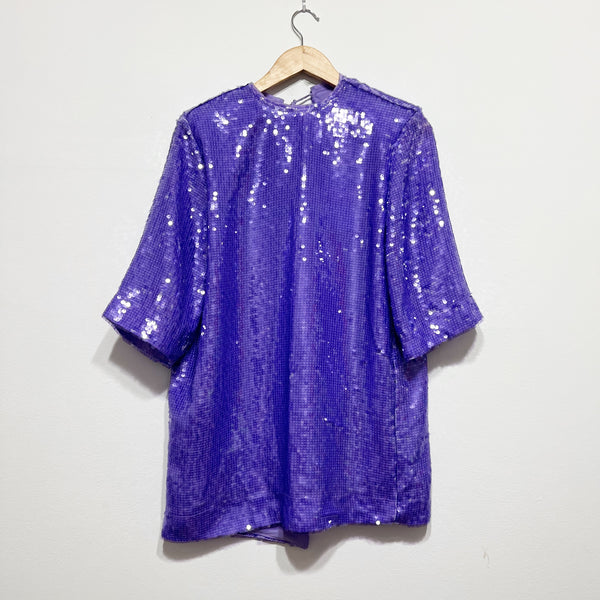 NEW Sabina Musayev Tilda Sequin Sparkle Embellished Short Sleeve Boxy Top Purple