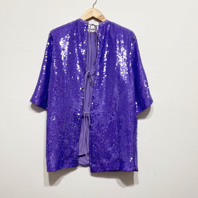 NEW Sabina Musayev Tilda Sequin Sparkle Embellished Short Sleeve Boxy Top Purple