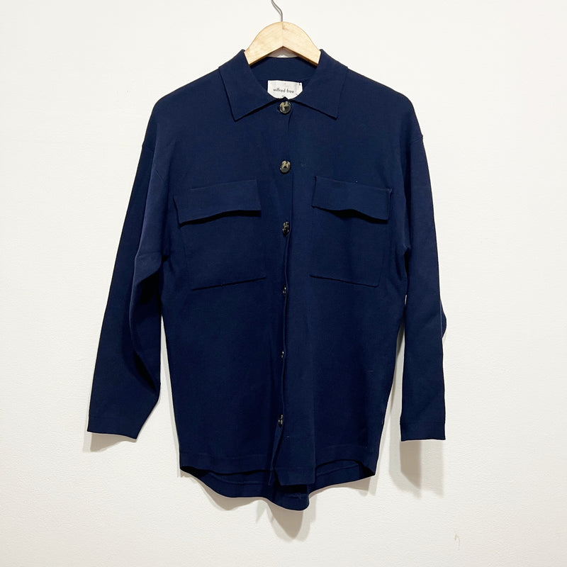 NEW Wilfred Aritzia Ronnie Long Knit Stretch Relaxed Shirt Jacket Admiral Blue