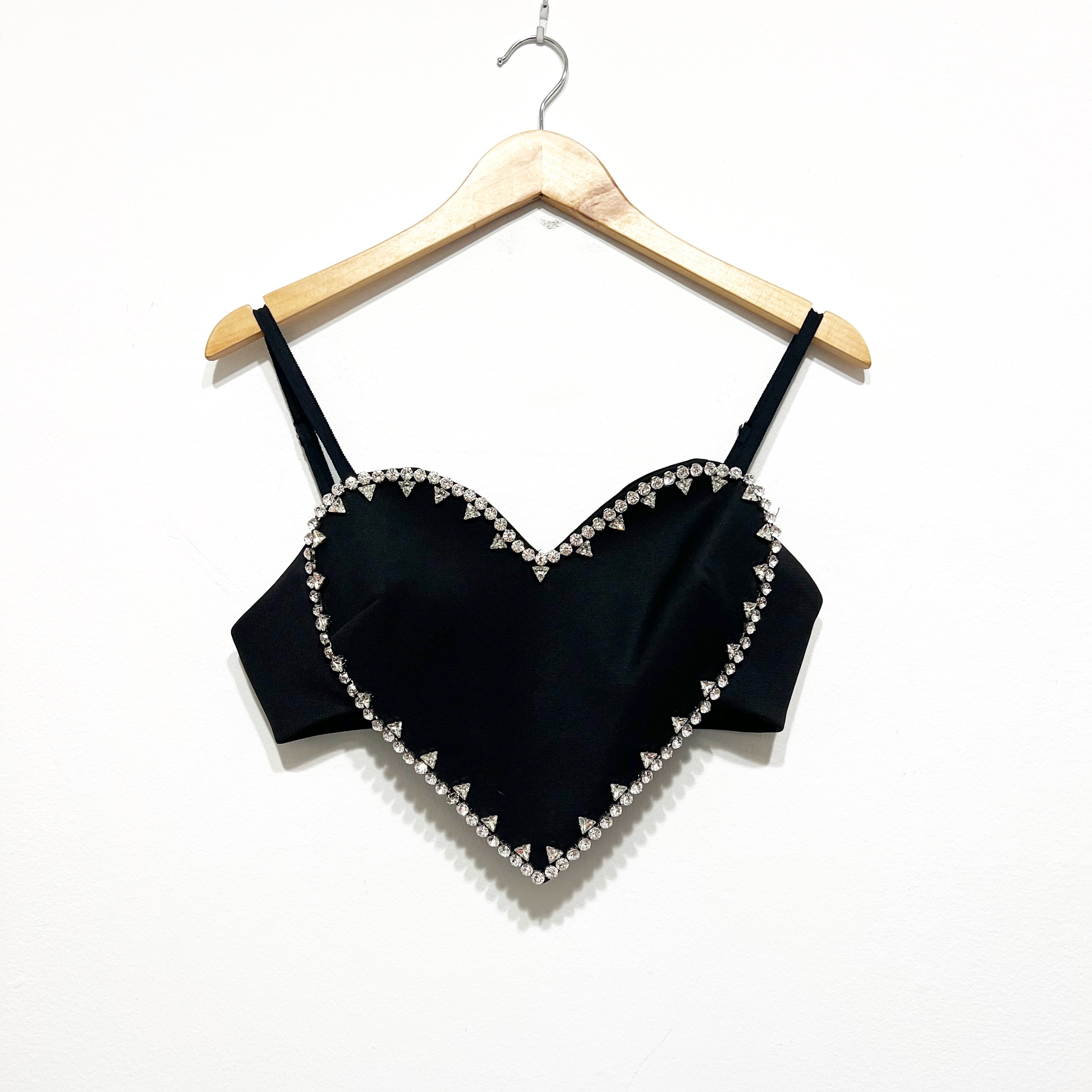Area Crystal Jewel Diamond Heart Motif Outline Tank Crop Top Black Silver Small