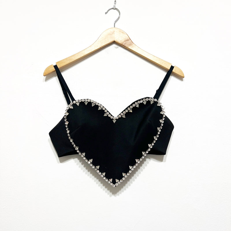 Area Crystal Jewel Diamond Heart Motif Outline Tank Crop Top Black Silver Small