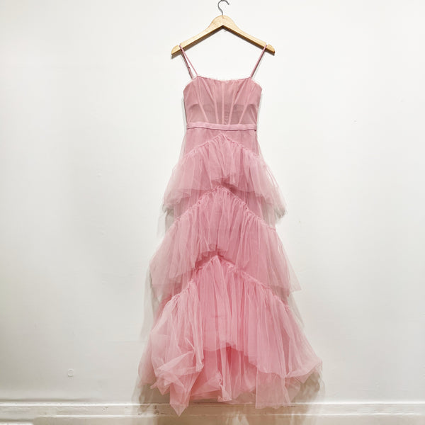 NEW BCBGMaxAzria Tulle Mesh Layered Tiered Corset Essential Gown Dress Pink Rose