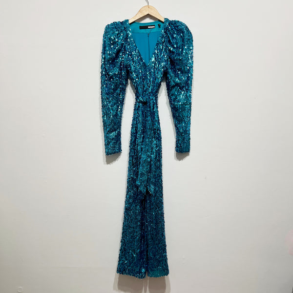 Rotate Birger Christensen Puff-Sleeve Sequined Wrap Midi Dress Barrier Reef Blue