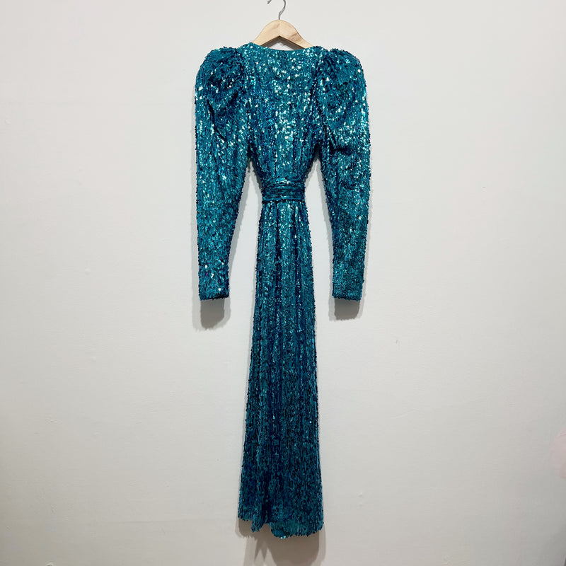 Rotate Birger Christensen Puff-Sleeve Sequined Wrap Midi Dress Barrier Reef Blue