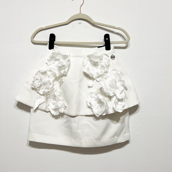 Morphine Fashion 3D Floral Flower Applique Tiered Ruffle Mini Skirt White XS