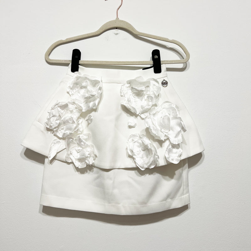 Morphine Fashion 3D Floral Flower Applique Tiered Ruffle Mini Skirt White XS