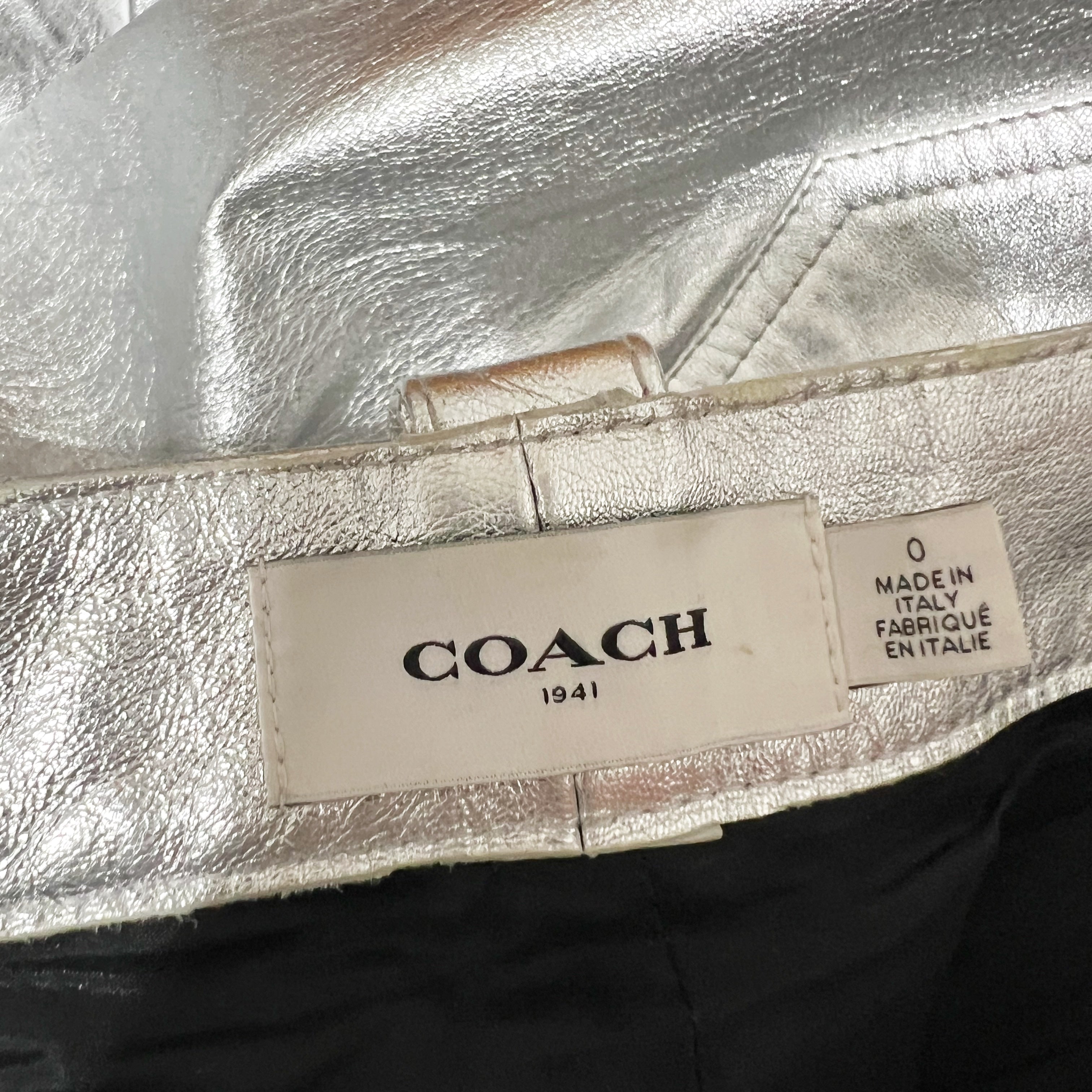 Coach Made In Italy Genuine Leather Straight Leg Silver Metallic Trouser Pants 0